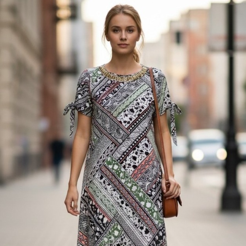 ROZ & ALI Women XL Patchwork Print Beaded Neckline Short Sleeve A-Line Dress